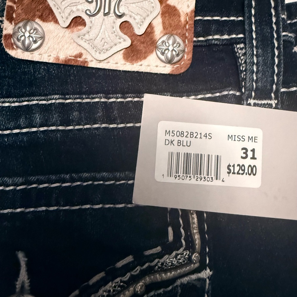 Miss Me Dark Blue Bootcut Jeans with Brown & Cream Embroidered Pockets - Picture 2 of 3